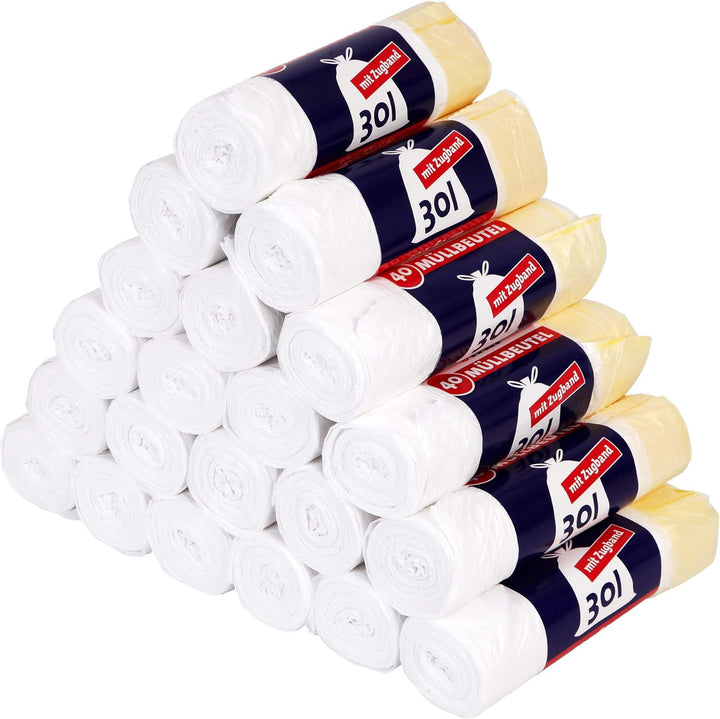 ULITH-Mülleimerbeutel mit praktischem Zugband, weiss, 30l - passend für Haushalt und Büro, 25 Rollen