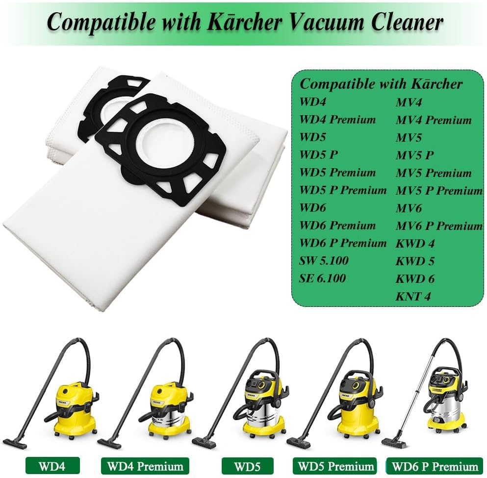 Ruucy 10 Staubsaugerbeutel für Kärcher WD5 WD4 WD6 MV4 MV5 MV6, Schmutzfangsack und Flachfaltenfilte