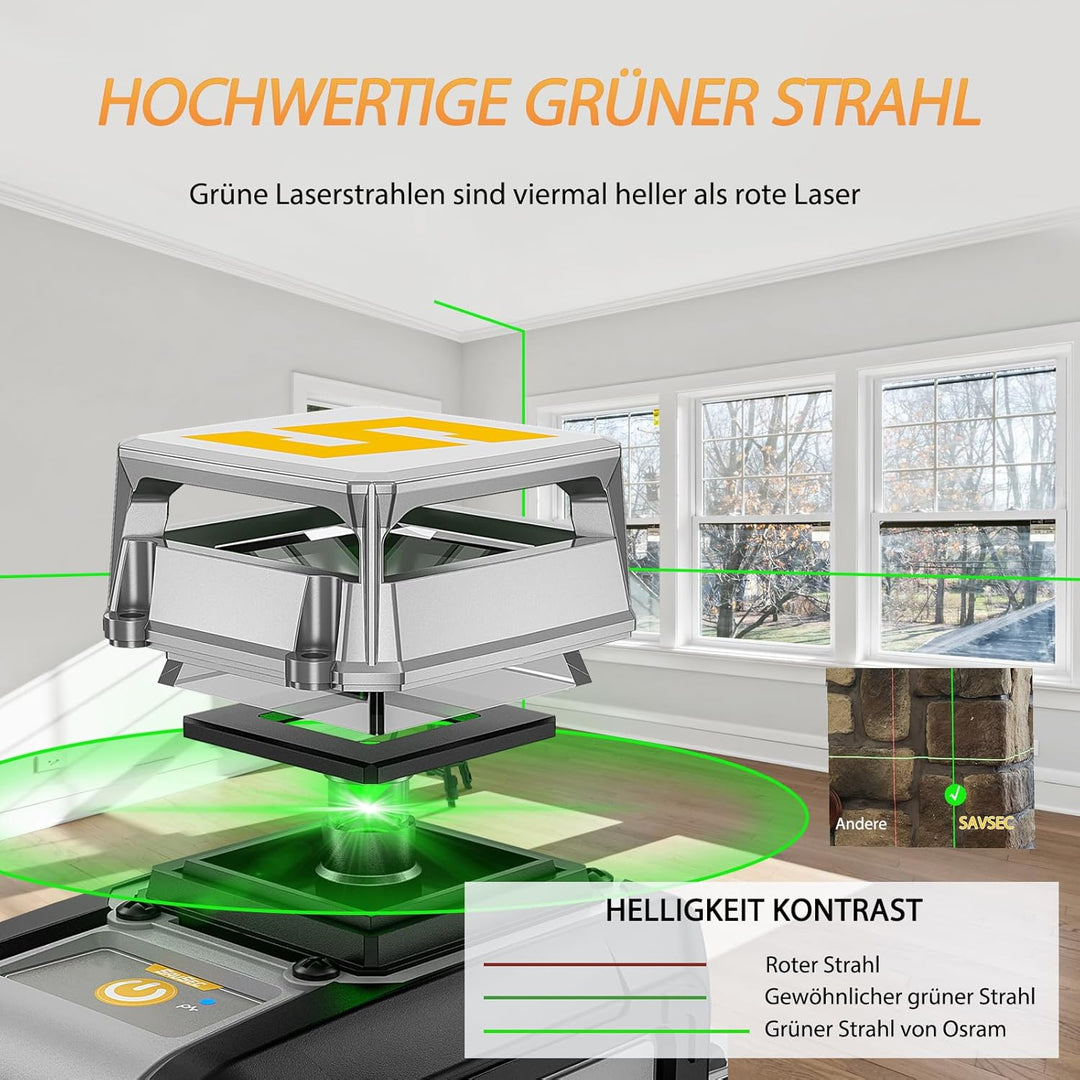 Laser Wasserwaage Grün 45 M, SAVSEC 1 × 360° Kreuzlinienlaser Selbstnivellierendes, 5 Linien Kreuzla