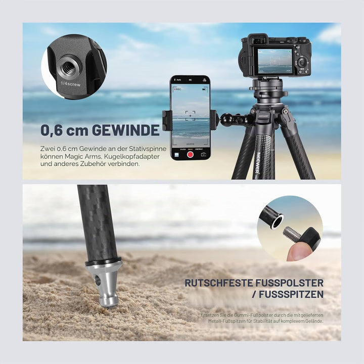NEEWER LITETRIP LT32 62" Reisestativ aus Kohlefaser mit ±15° nivellierbar 360° Panoramakopf abnehmba