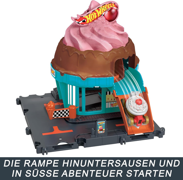 Hot Wheels Let's Race Netflix - City Downtown-Spielset Eiskrem-Strudel - Rennbahn-Action mit Verkehr