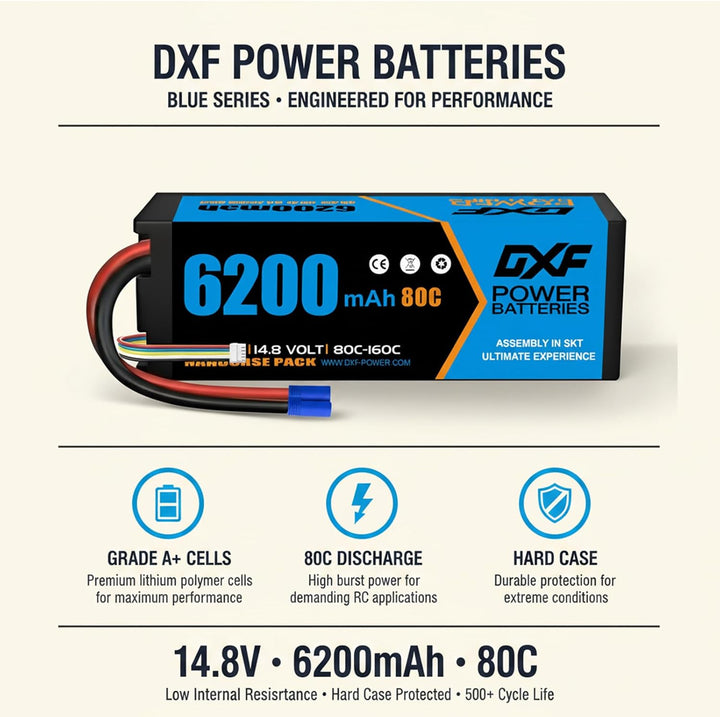 DXF 4S LiPo EC5 Akku 14,8V 80C 6200mAh Hardcase Batterie mit EC5 Steck für RC Auto, RC Flugzeug, RC