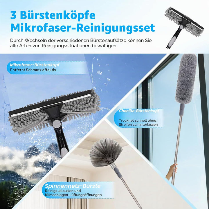 Staubwedel Teleskop 5m mit Teleskopierbarer Verlängerungsstange | 1,5 bis 4,3 m, 3-in-1 Fensterabzie
