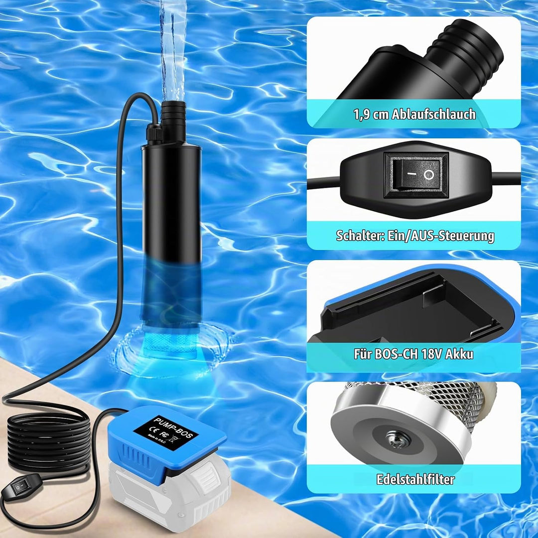 Tragbare Wasserpumpe Sumpfpumpe für Bosch Professional 18V System GBA Akku, 120W, 12V Regenfass Wass
