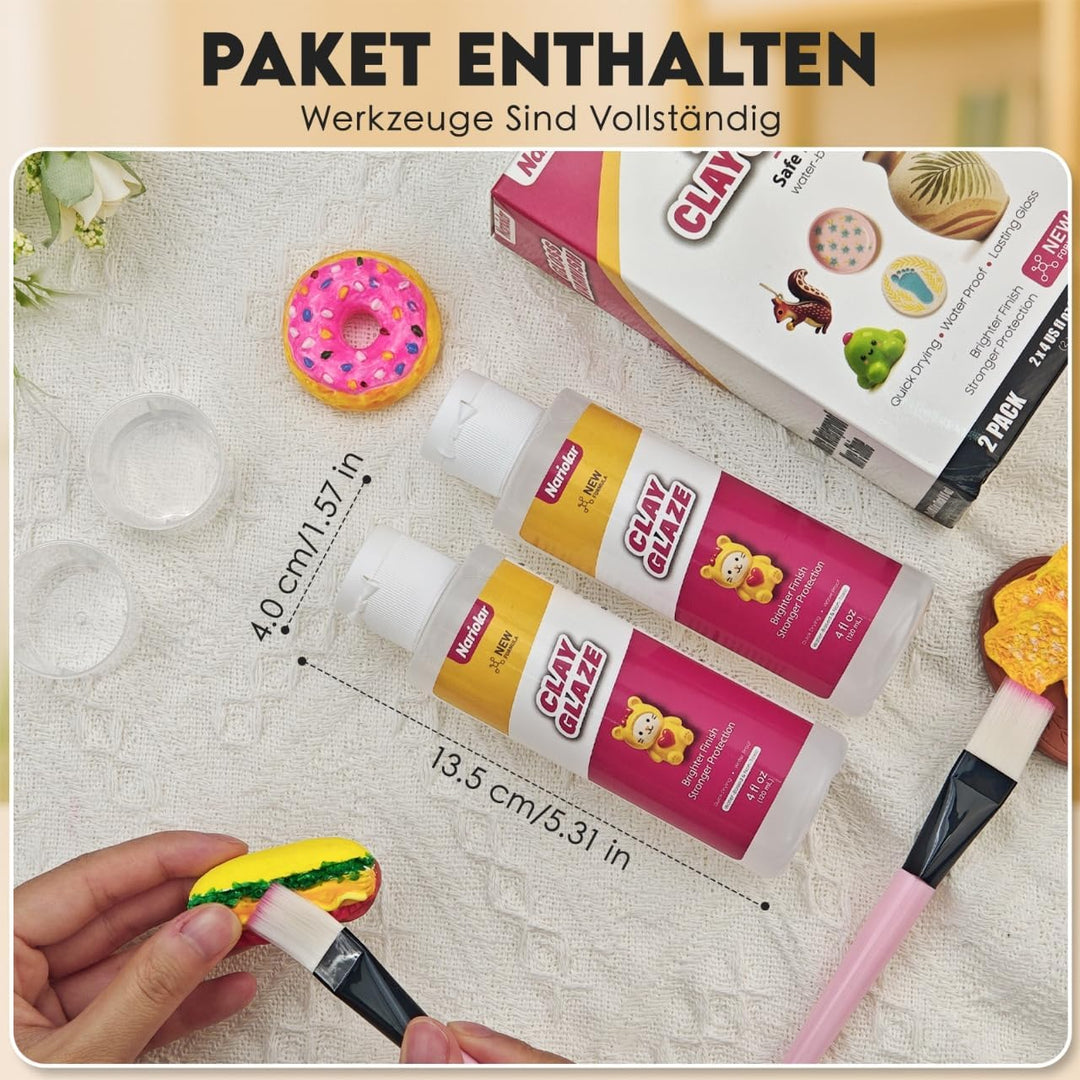Glasur für Ton Lufttrocknend – 2x120 ml Air Dry Clay Glaze,Tonlack Glanz mit Messbecher & Pinsel, Kr