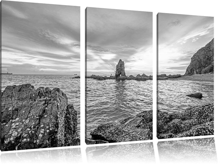 Pixxprint Küstenlinie mit schönen Sonnenuntergang Kunst B&W 3-Teiler Leinwandbild 120x80 Bild auf Le