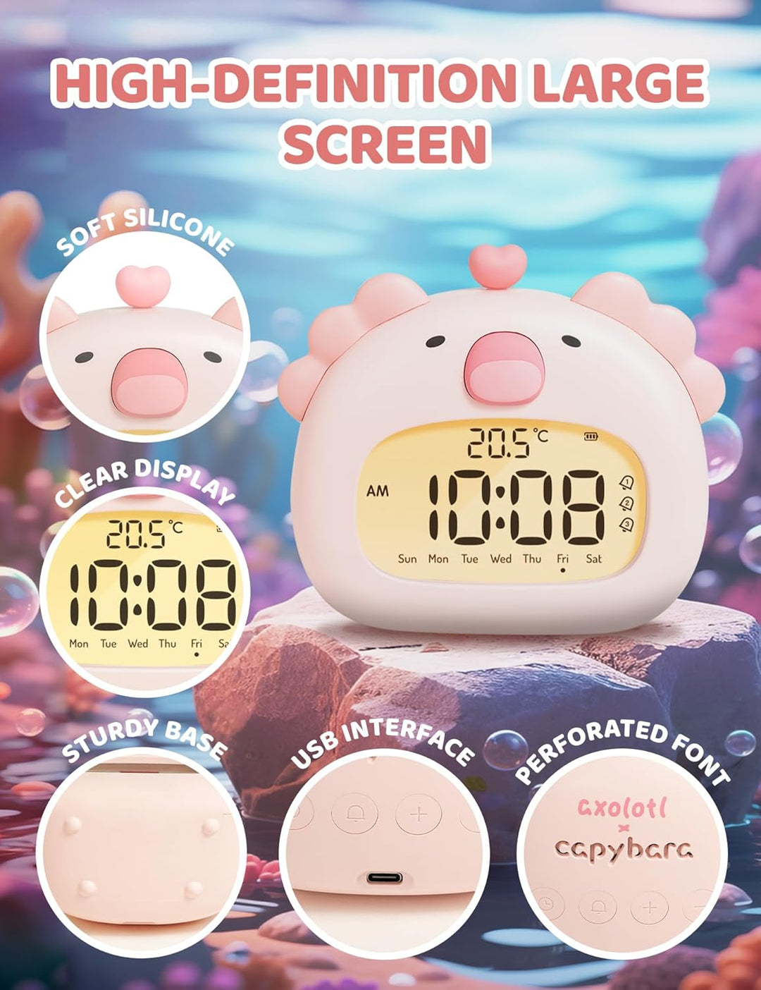 IHALO Cute Axolotl Kinderwecker, Nachttischwecker mit Nachtlicht, digitales LED-Display, 3,15 Zoll,