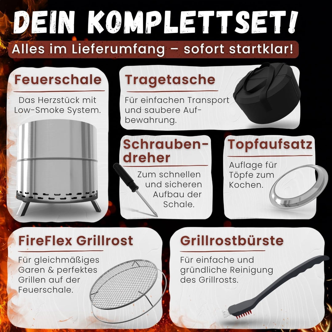 Heimfleiss® Rauchfreie Feuerschale Edelstahl Ø50cm | Feuerkorb mit Grillrost | Feuerschale Rauchfrei