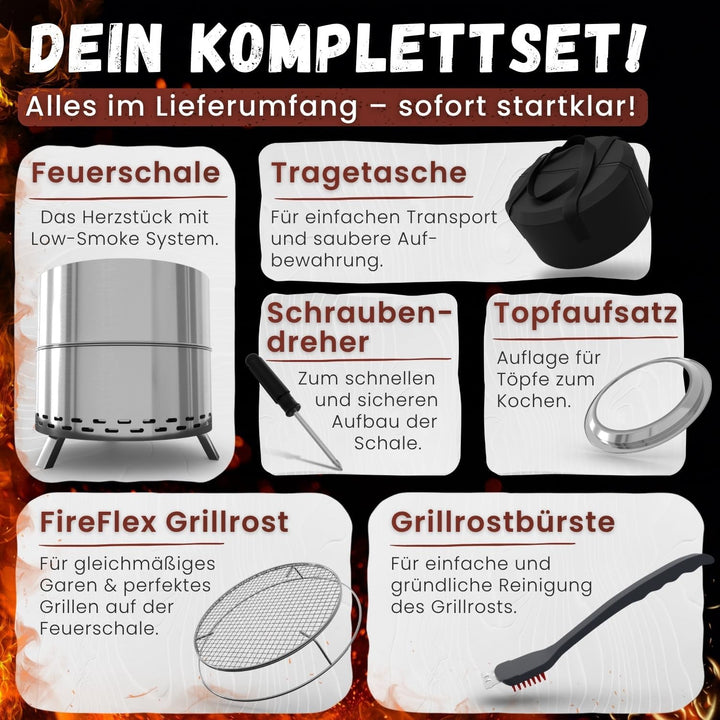 Heimfleiss® Rauchfreie Feuerschale Edelstahl Ø50cm | Feuerkorb mit Grillrost | Feuerschale Rauchfrei