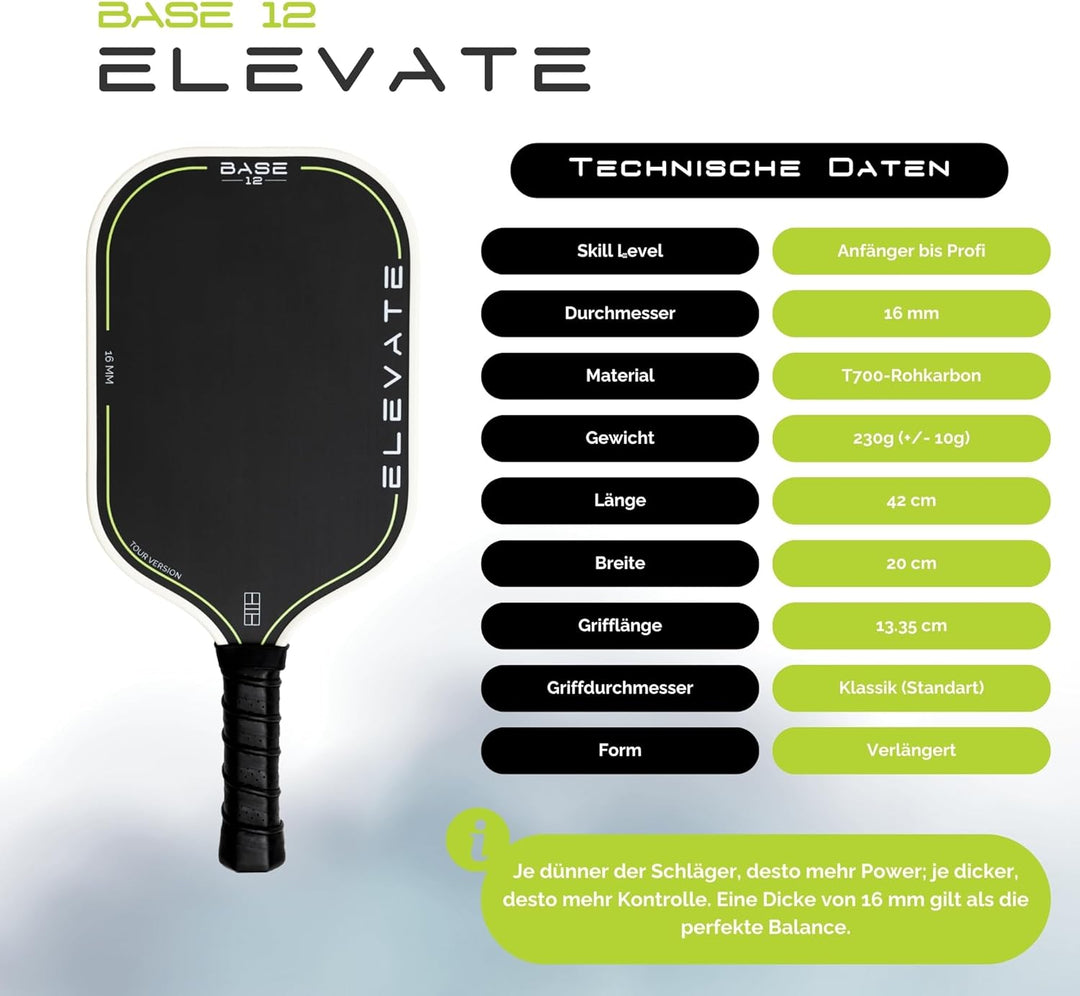 BASE12 Pickleball Schläger Carbon – Premium Paddle 16mm, Raue Oberfläche für Kontrolle & Spin – Idea