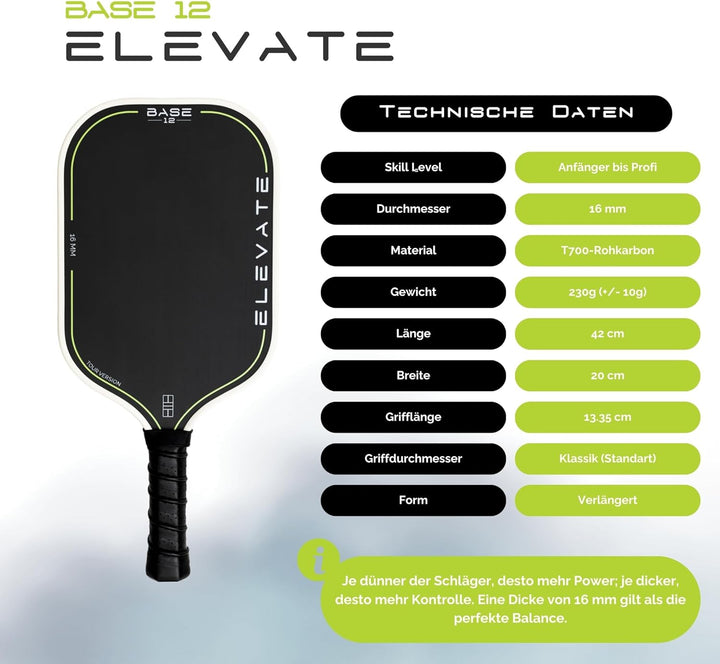 BASE12 Pickleball Schläger Carbon – Premium Paddle 16mm, Raue Oberfläche für Kontrolle & Spin – Idea