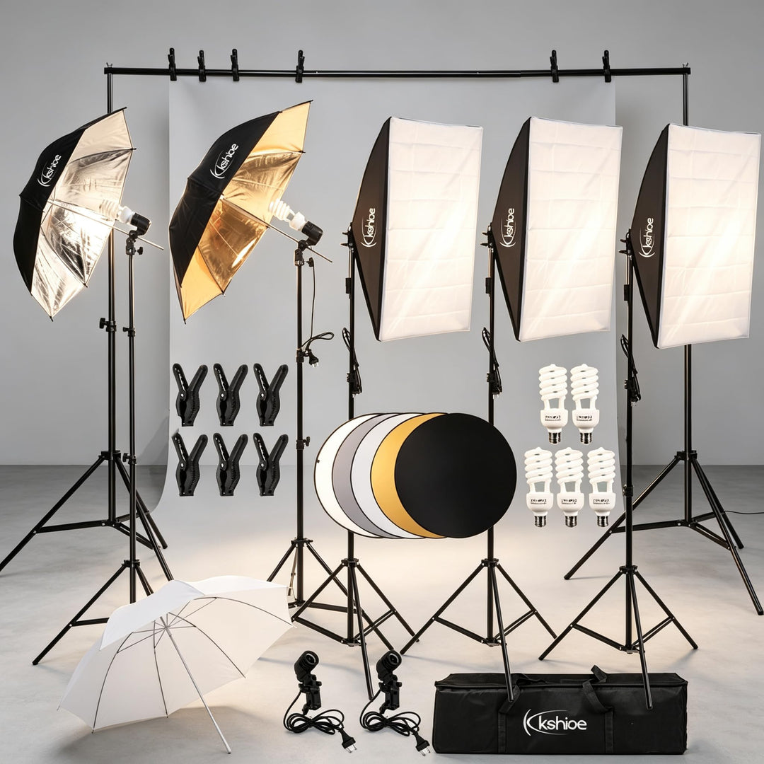 Bonnlo KS01 Fotostudio Set mit Softbox, Regenschirmen und Fotoleinwand Hintergrund – 5-in-1 Reflekto