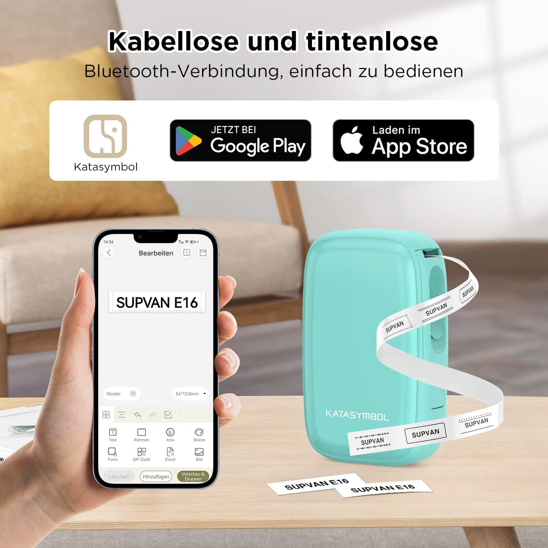 SUPVAN Katasymbol Beschriftungsgerät Selbstklebend - E16 Bluetooth Etikettiergerät, Mini Etikettendr