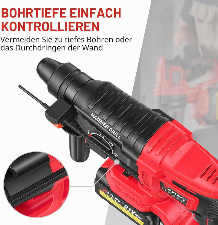 21V Akku Bohrhammer Set mit 2 Batteries & Ladegerät, 0-1000 U/min, 26mm Bohrkapazität, Kabelloser Mu