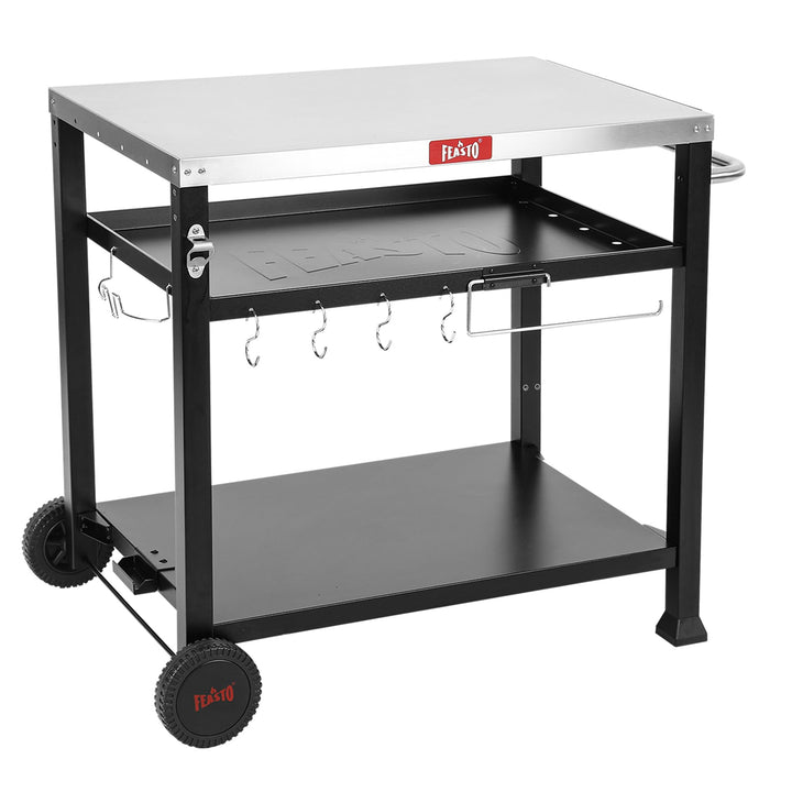 Feasto Grillwagen Outdoor 3 Etagen, Multifunktionaler Grilltisch mit Edelstahlplatt, Griff, Rollen,