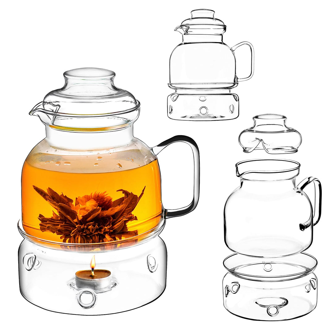KADAX Teekanne 1.5L mit Stövchen Set, Glasteekanne mit Teewärmer und Deckel, Glaskanne ohne Siebeins
