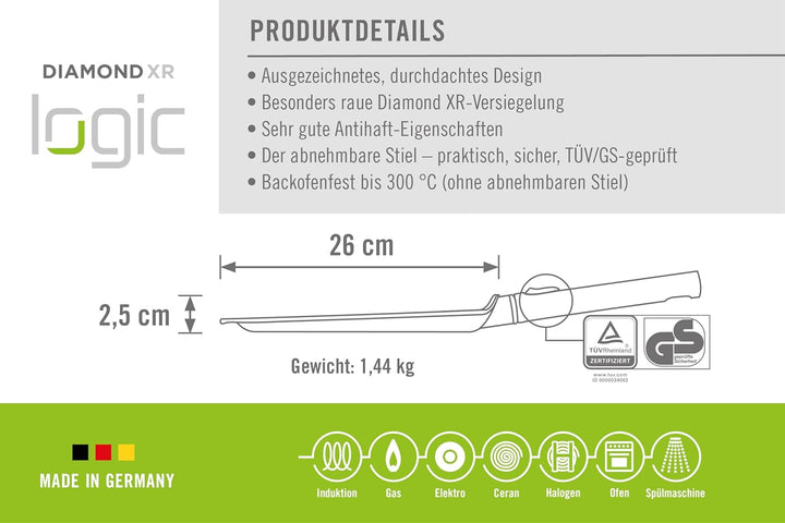 Woll Diamond Logic XR Crêpespfanne - Induktiv -, Ø 26 cm, mit abnehmbarem Stiel - Geeignet für alle