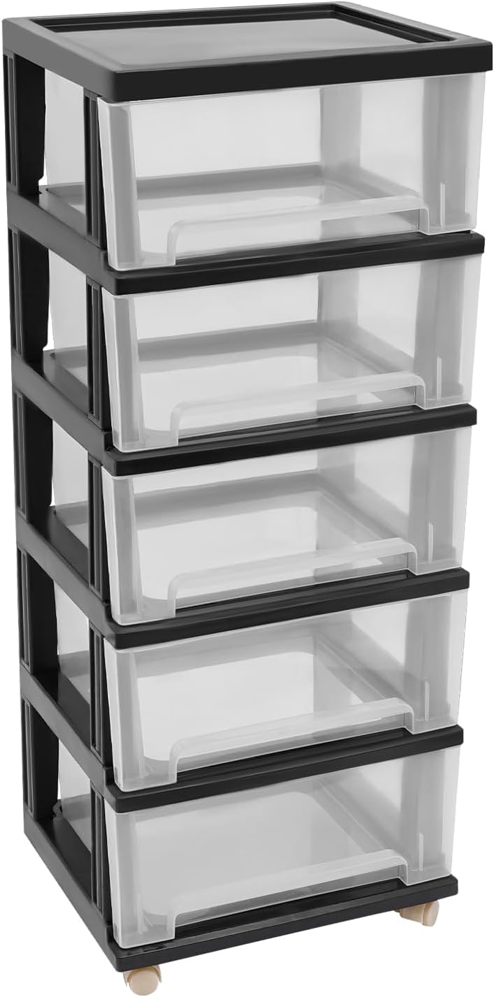 Kunststoff Schubladenbox Rollcontainer mit 5 Schubladen – Transparente Kunststoff Aufbewahrung A4 ko