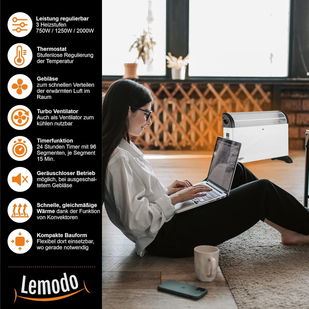 LEMODO Elektroheizung | Mobile Konvektor Heizung | Elektrische Heizung mit 3 Leistungsstufen (750W /