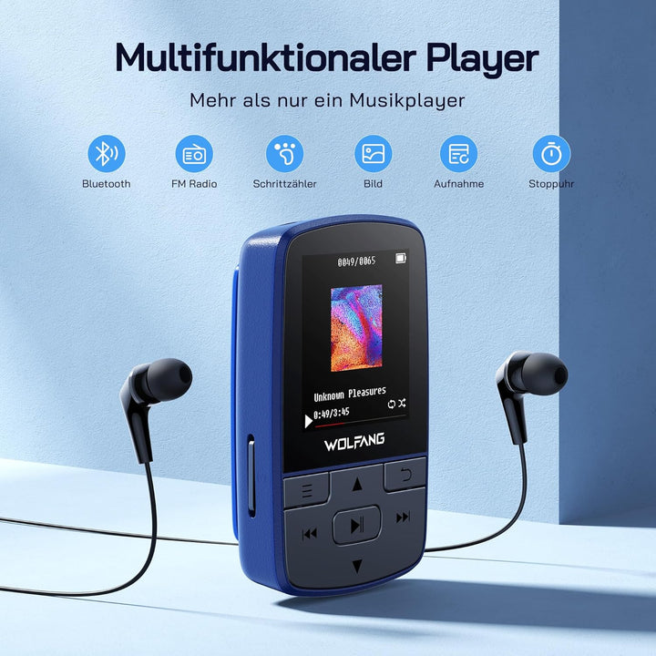 WOLFANG 64 GB MP3-Player mit Bluetooth 5.2, Sportclip, Mini-Grösse, Gewicht 28,3 g, HiFi FM-Radio, D