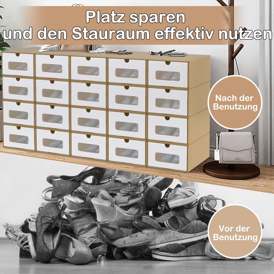 Schuhbox mit Sichtfenster & Schublade 20er Boxen-Set Aufbewahrungsbox Braun Schuhkiste Schuhschachte