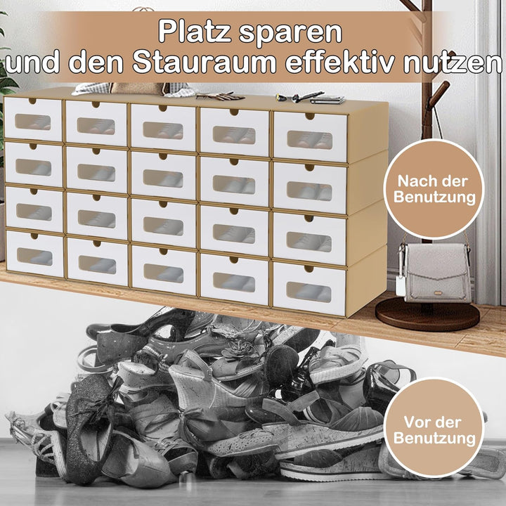 Schuhbox mit Sichtfenster & Schublade 20er Boxen-Set Aufbewahrungsbox Braun Schuhkiste Schuhschachte