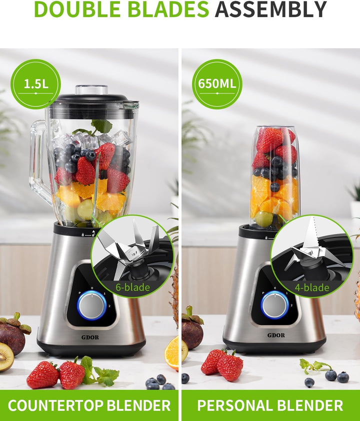 GDOR 1200W Standmixer Glas 2-1 Mixer Smoothie Maker mit 1,5L Glaskrug und 650ml Reisebecher 3 Geschw