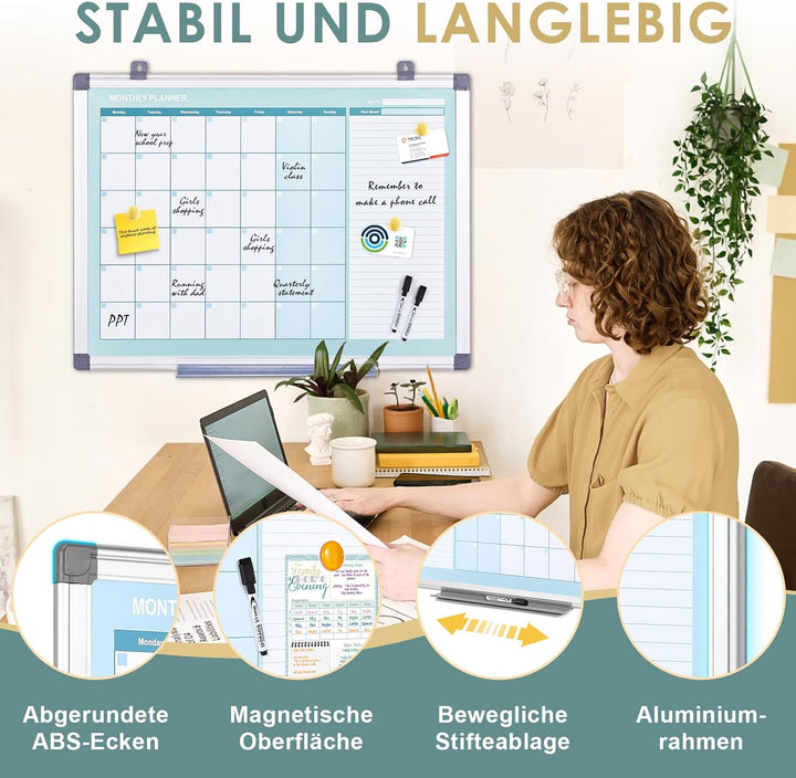 MAKELLO Magnetischer Monatskalender, Whiteboard, 91,4 x 61 cm, trocken abwischbar, Wandmontage, Alum