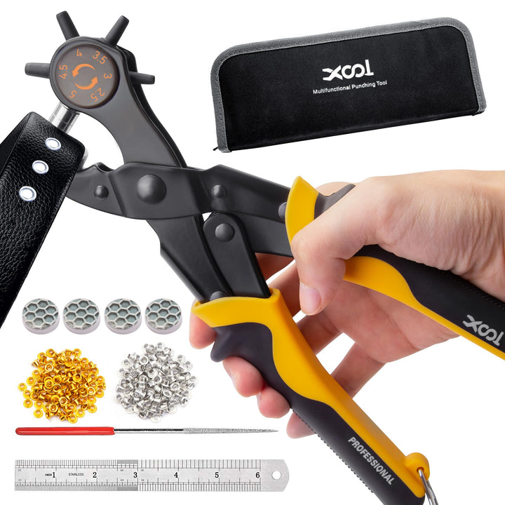 XOOL 2 in 1 Leder Lochzange Ösen Werkzeug Set, 4,5 mm Metall Ösen für Stoff, Lochstanzer, Ösenzange