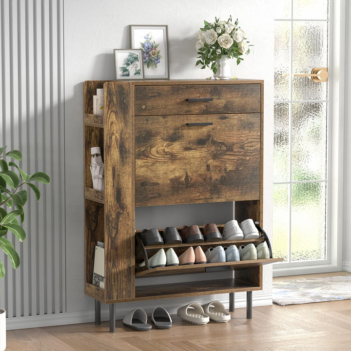 Schuhschrank mit 2 Klapptüren Mit Schubladen, Schuhaufbewahrung, Holz Schuhkipper, Schuhregal, Trenn