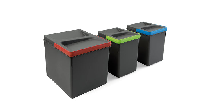 Emuca - Recycle Behälter für Küchenschublade, Höhe 216, 1x12L + 2x6L, Anthrazitgrauer Kunststoff, Ku
