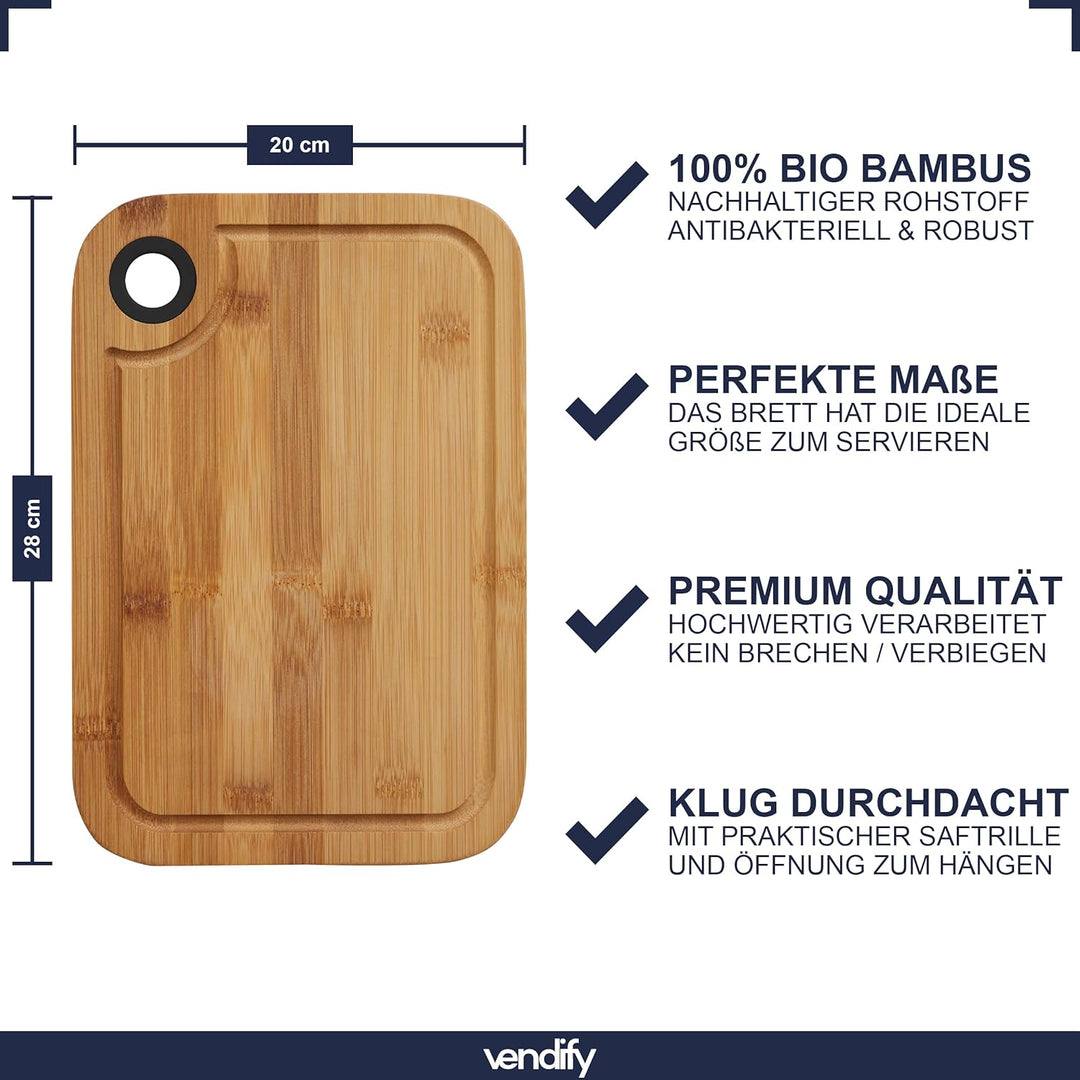 vendify® Bambus Frühstücksbrettchen 3er-Set & 6x Steakmesser - 3x Schneidebrett 28x20 cm - Antibakte