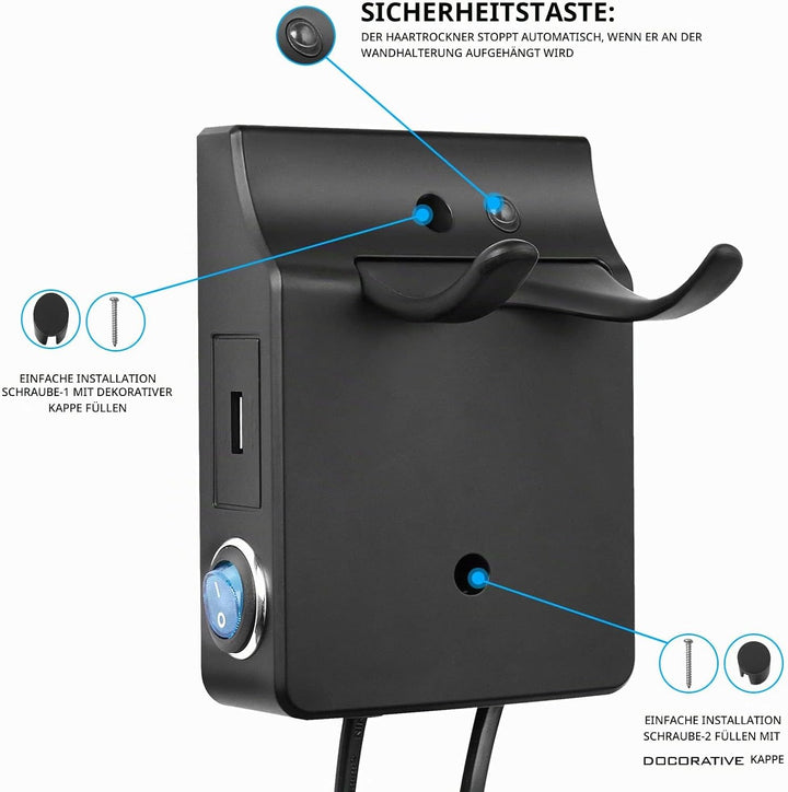 QL Haartrockner Ionen mit Wandhalterung und USB-Steckdose,Föhn mit ThermoProtect Technologie 2000wat