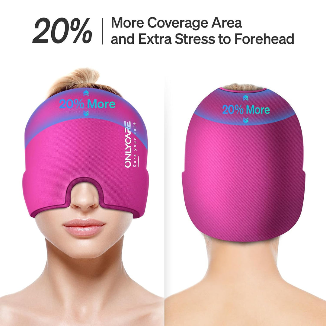 ONLYCARE Migräne Maske, Upgraded Kühlmaske Schlafmaske Kühlmütze Kühlhaube 360° Gel Surround kühlpad
