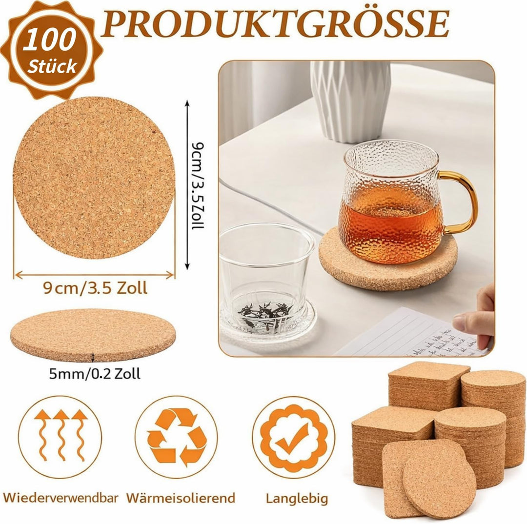 100 Stück runde Korkuntersetzer, 9cm Wiederverwendbare Kork untersetzer, Kork Glasuntersetzer geeign