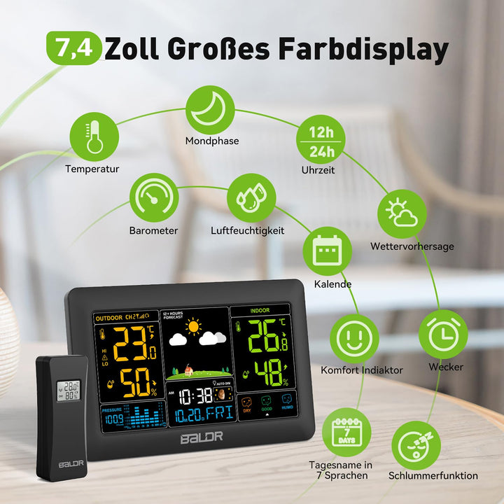 Konsen Wetterstation funk mit Aussensensor DCF Funkuhr, Grosses Farbdisplay mit Innen und Aussentemp