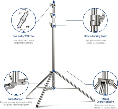 NEEWER 7,2Fuss/2,2m Edelstahl Lichtständer,gefederter Hochleistungs Stativständer für Fotografie mit