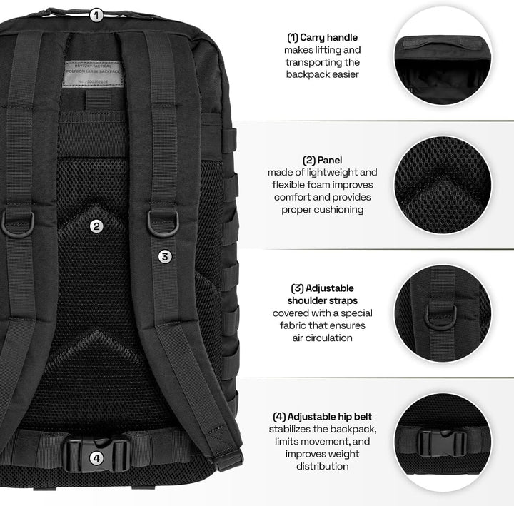 Tactical Polygon Large 36L Taktischer Rucksack – Schwarz | Militär & Outdoor Rucksack Herren | Mit M
