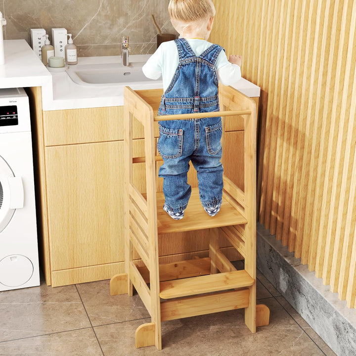 COSTWAY Lernturm Kinder aus Bambus, Tritthocker Montessori mit 4 verstellbaren Höhen & Sicherheitsge