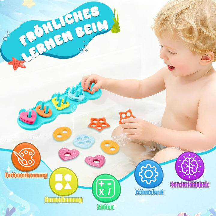 JoiTale Baby Badespielzeug, Schimmelfreies Silikon-Sortier- und Stapelspielzeug-Set für Kinder ab 1
