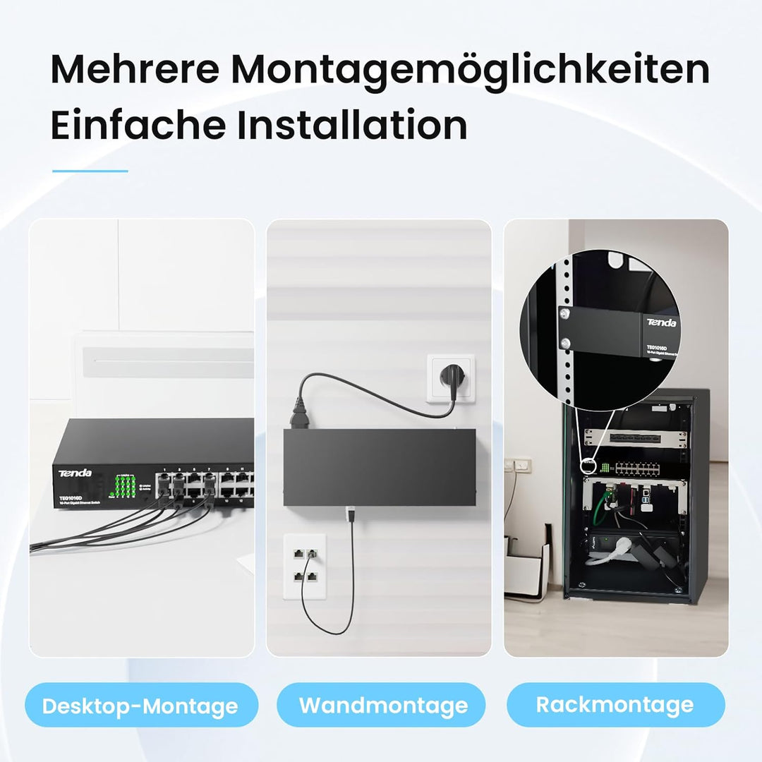 Tenda TEG1016D Gigabit Switch 16 Port 19 Zoll Rackeinbau Netzwerk Switch (Plug-und-Play, 32Gbit/s Sw