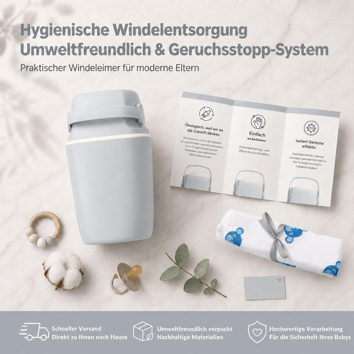 AirWell Windeleimer Geruchsdicht & Windel Blaubaer - Wickeleimer, mit Geruchsstopp-System, Einhändig