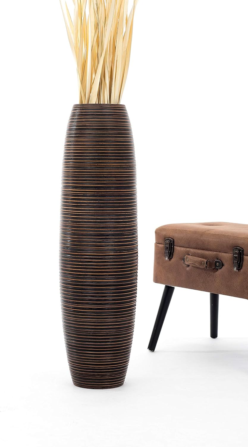 Leewadee Grosse Bodenvase für Dekozweige hohe Standvase Design Holzvase, Holz, 90 cm, Braun 90 cm Br