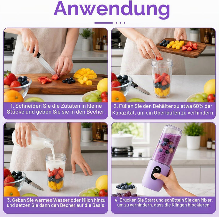 Tragbarer Mixer Smoothie Maker, 500 ml Mixer Smoothie Maker to Go mit Digitalanzeige, 16-Blatt MIXER
