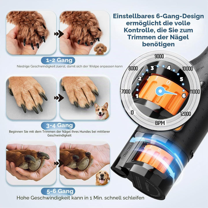 Gimars Nagelfeile für Hunde, verstellbar, 6 Geschwindigkeitsstufen, Nagelfräser für Hunde, mit doppe