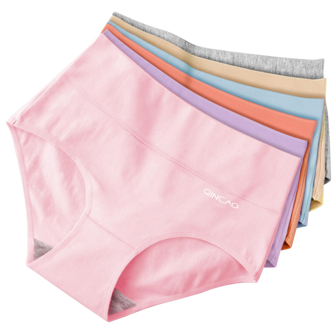QINCAO Unterhosen Damen, 6er Pack Hohe Taille Slips Baumwolle Unterwäsche, Stretch Atmungsaktiv Pant