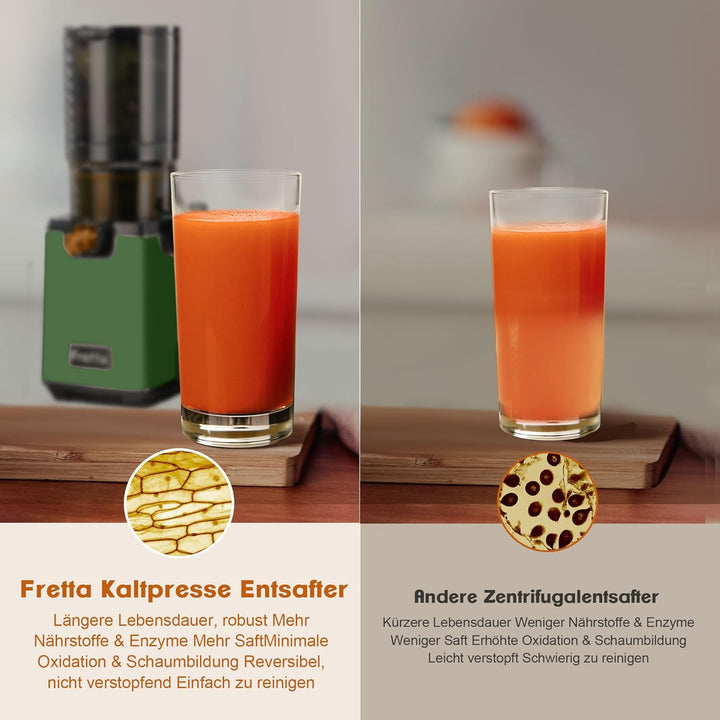 Fretta Entsafter Slow Juicer Testsieger, Entsafter Gemüse und Obst, 135MM Öffnung und 1,8L Juicer Ma