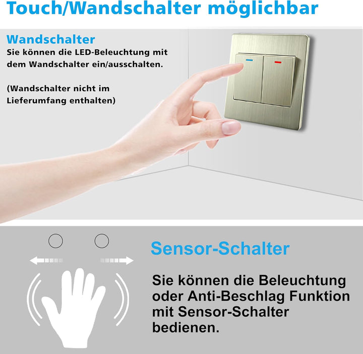 Badspiegel mit Beleuchtung 70x50cm Sensor-Schalter Beschlagfrei Kaltweiss dimmbar Memory-Funktion LE