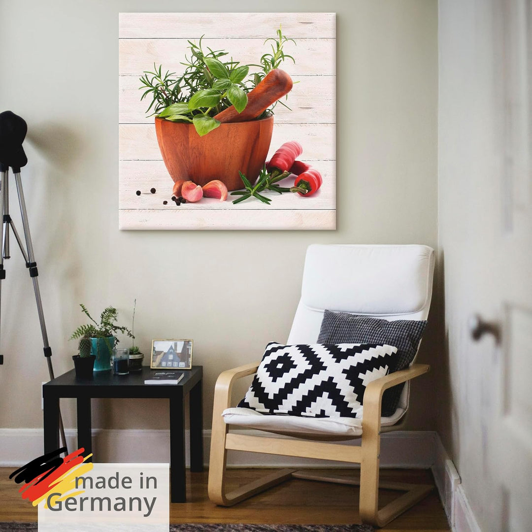 ARTland Leinwandbilder Wandbild Bild auf Leinwand 40x40 cm Stillleben Kräuter Gewürze Chili Mörser H