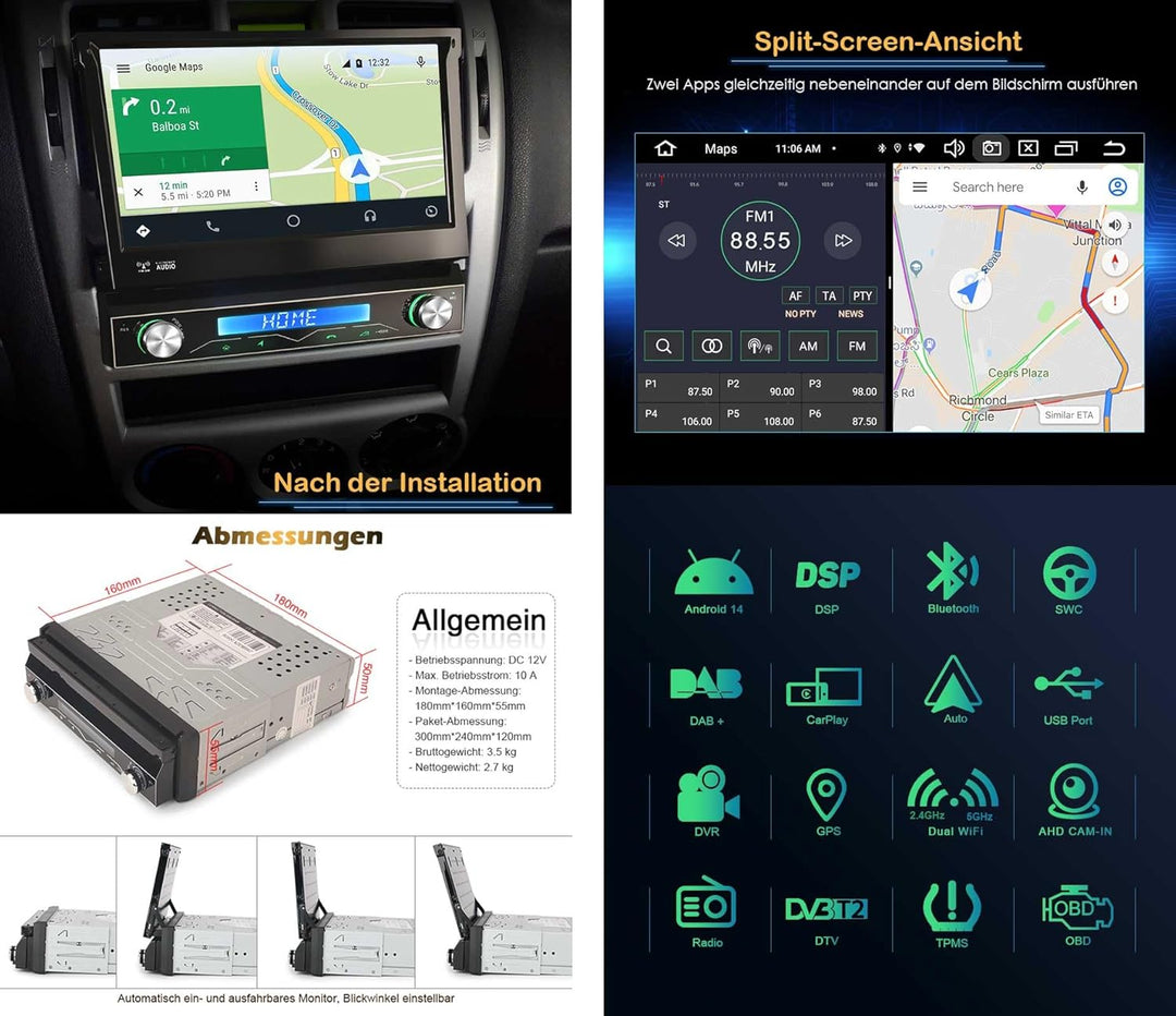 Erisin 8-Kern Android 14 1Din Universal GPS Navi Autoradio 7 Zoll HD IPS Touchscreen Integriertes Ka